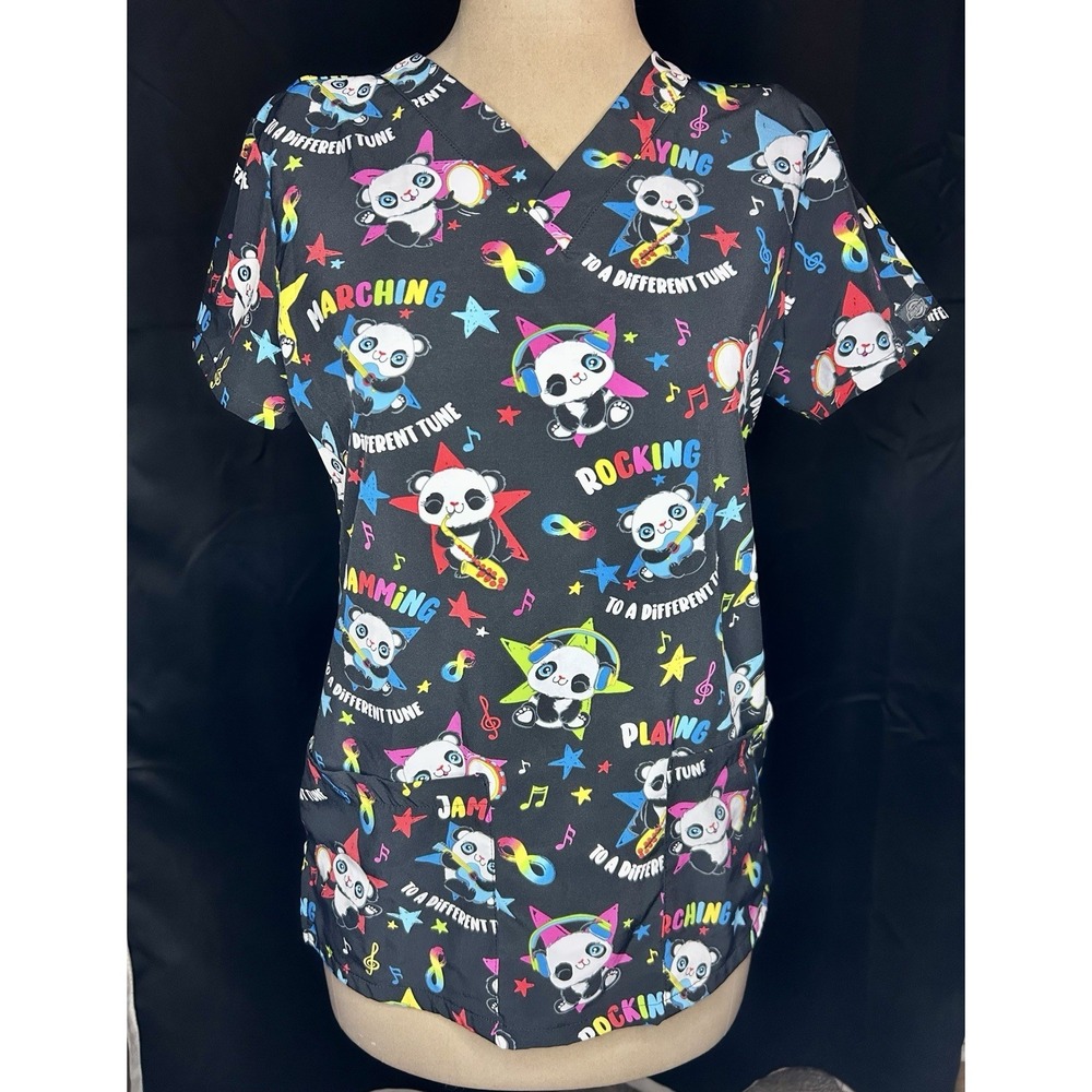 Dickies Scrub Top XXS‎ Black Rainbow Panda Autism Awareness Scrubs Nurse EUC